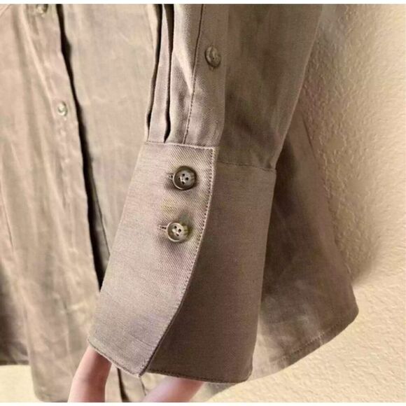 Frame Sz Small Desert Brown Arie Button Up Long Sleeve Linen Blend Stretch Top - Picture 5 of 10